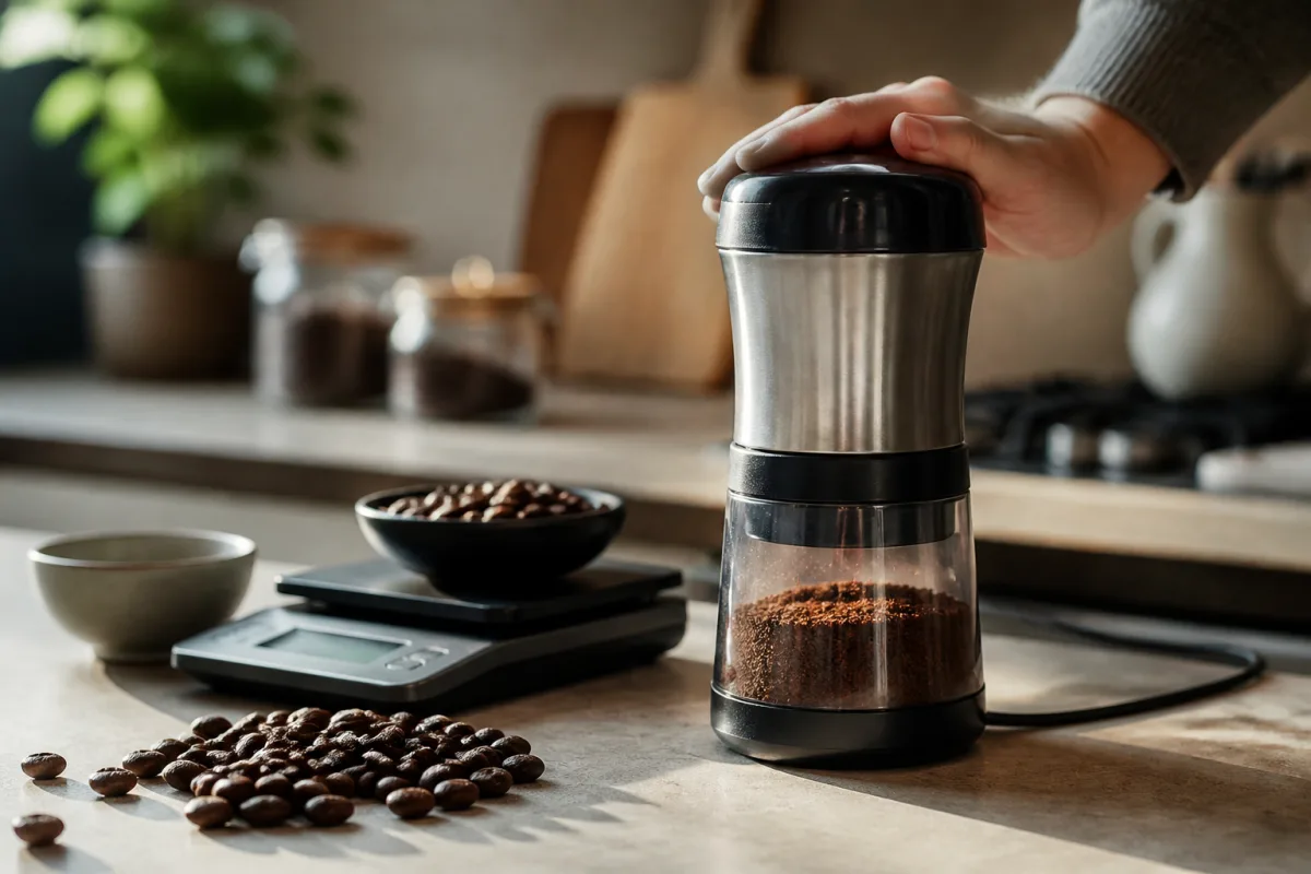 Grinder à épices en train de moudre 18 g de grains posé à côté d'une balance digitale