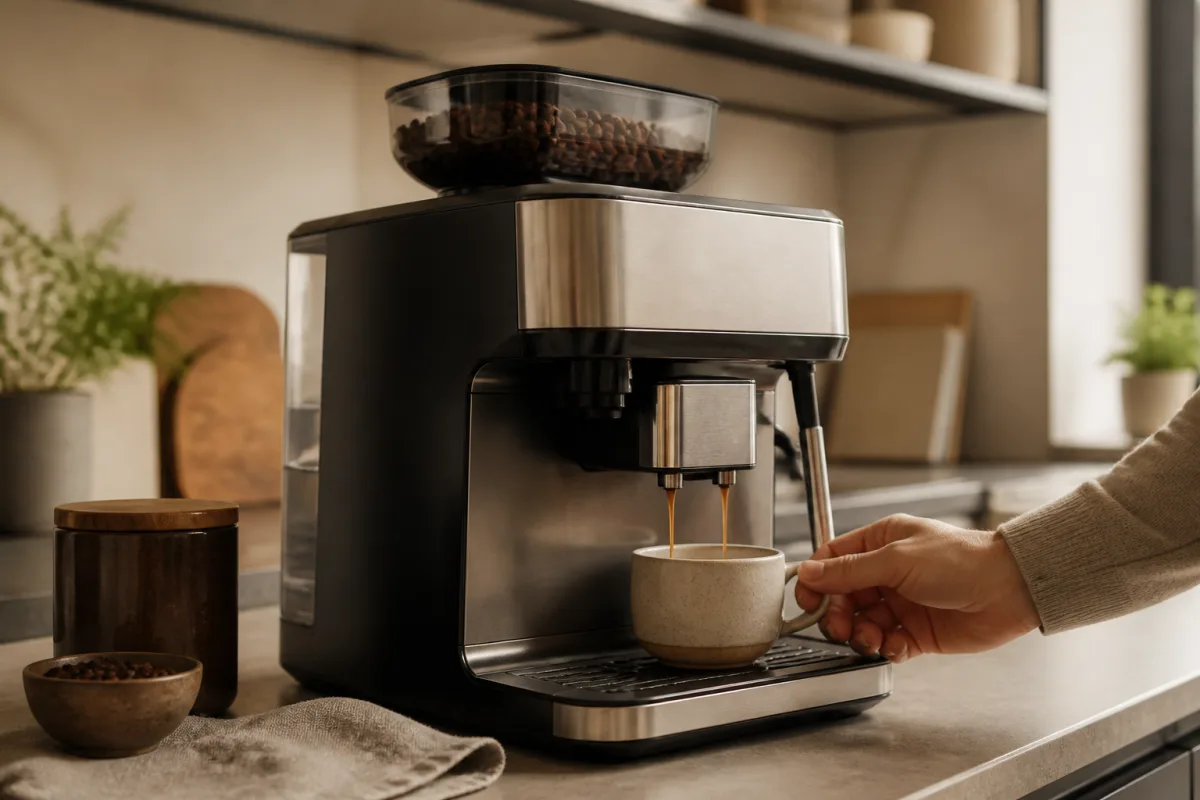 Machine à café automatique en train de moudre et extraire, main s'approchant d'une tasse sur le plan de travail