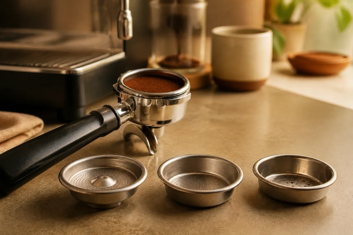Porte‑filtre posé sur un plan de travail avec trois paniers espresso alignés à côté (pressurisé, simple paroi, précision)