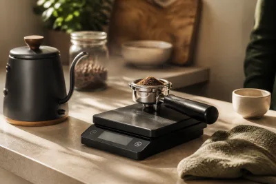 Balance numérique, porte-filtre et bouilloire posés sur un plan de travail prêt pour un test de café