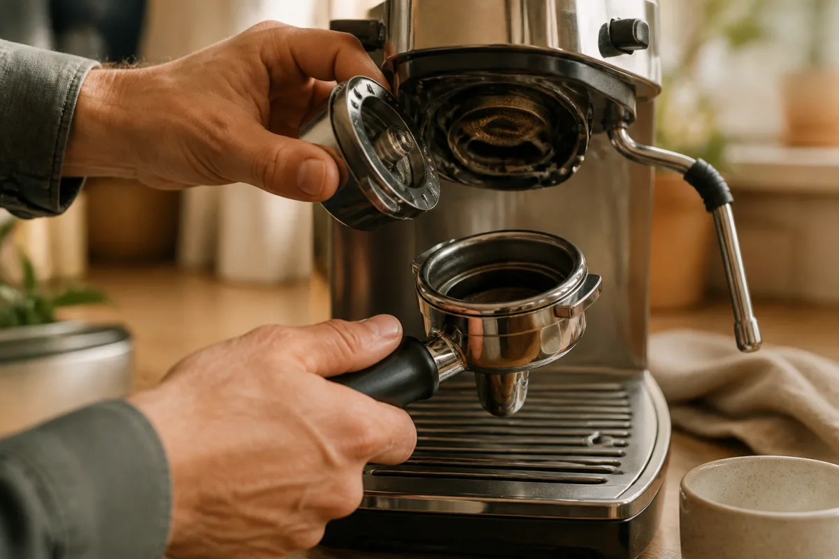 Mains inspectant le groupe d'infusion et le porte‑filtre d'une machine espresso domestique