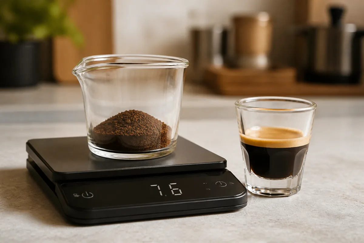 Balance numérique avec 7-8 g sur l’écran, mini-tasse graduée affichant ~40 ml à côté