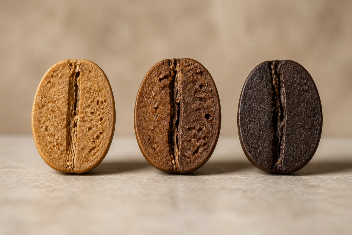Diagramme comparant grain clair/moyen/foncé avec échelle Agtron et pourcentages de perte de masse