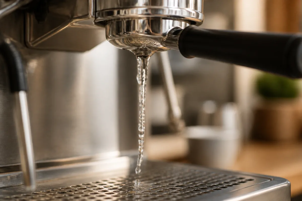 Eau claire purgée depuis un porte‑filtre d’une machine espresso