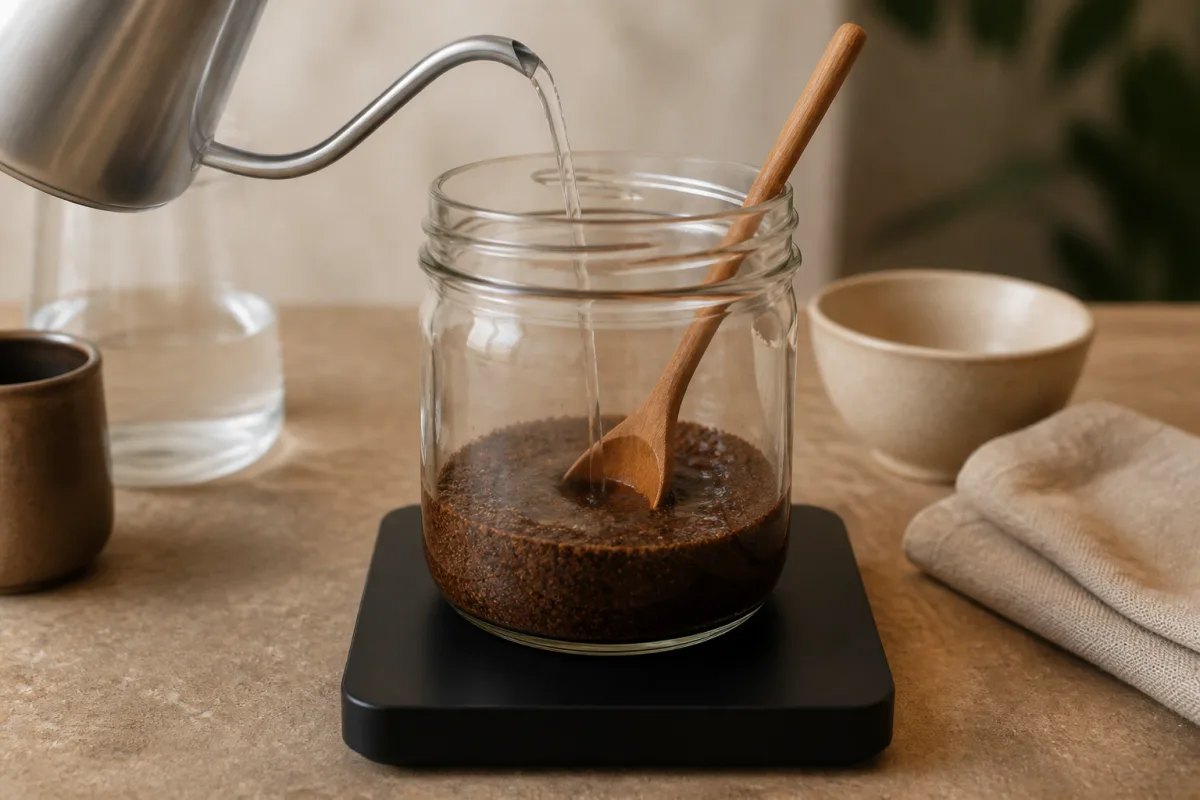 Bocal sur balance affichant 65-70 g, versement d’eau en plusieurs ajouts