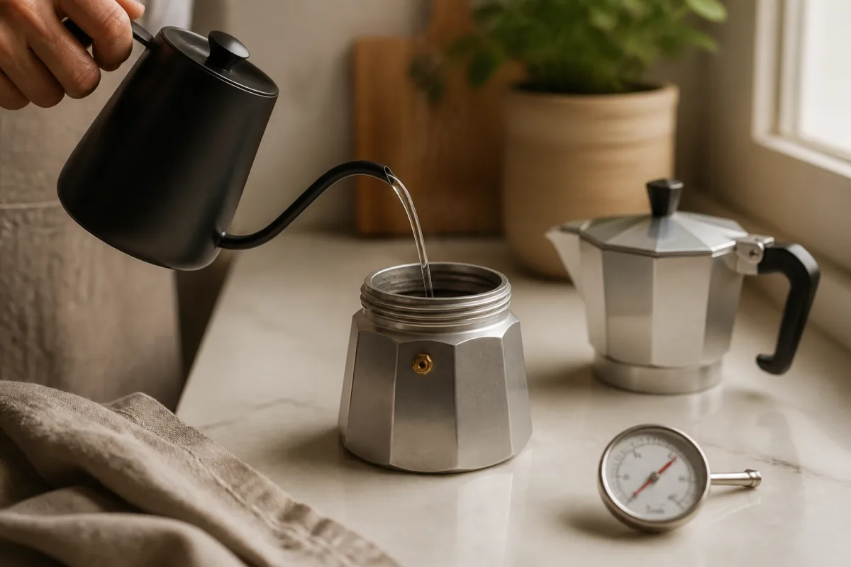 Versement d’eau chaude dans la base d’une cafetière Moka avec un thermomètre lisant environ 90 °C