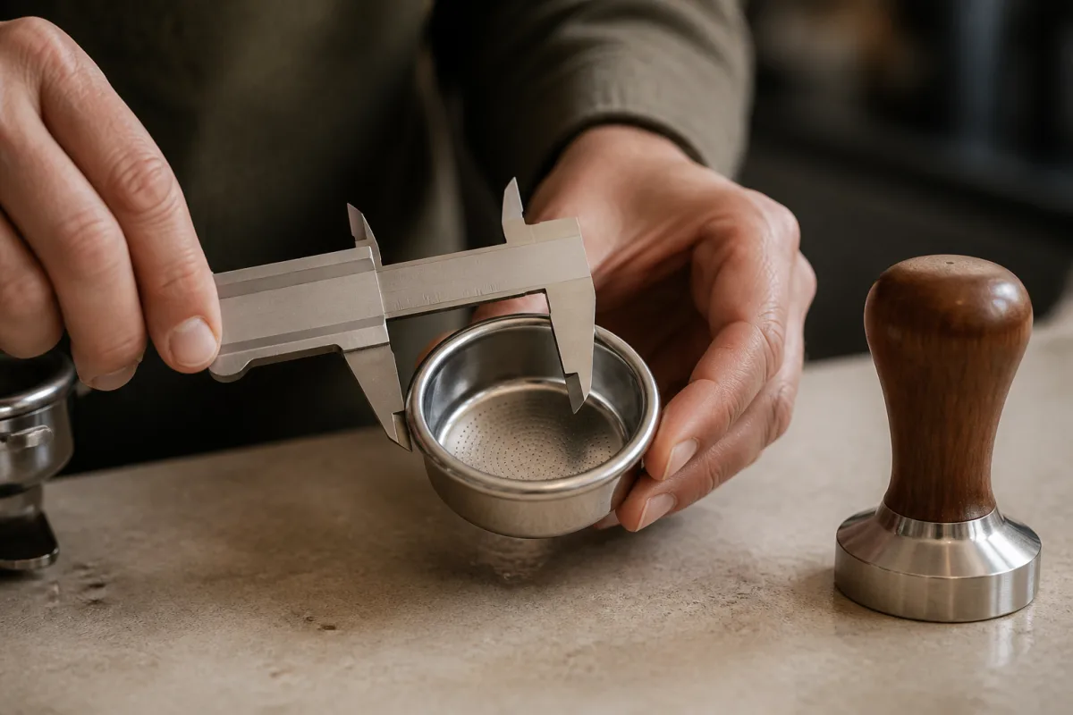 Pied à coulisse mesurant l’intérieur d’un panier 58 mm avec tamper posé à côté