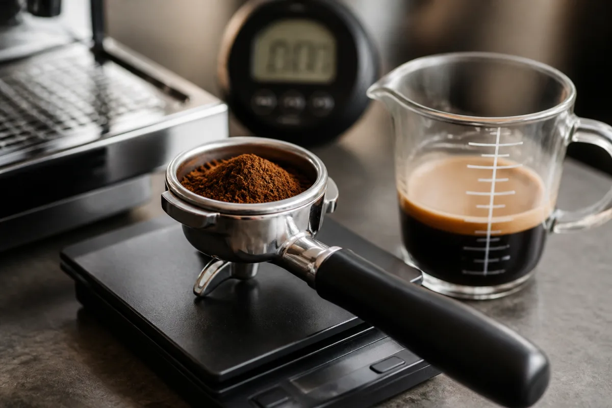 Porte‑filtre sur balance numérique, verre doseur et chronomètre montrant le temps de tirage