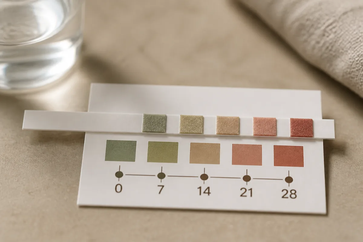 Bandelette de dureté posée sur une échelle imprimée 0-28 °f avec conversion en ppm