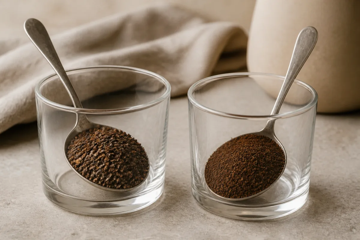 Deux contenants avec café moulu : gros sel à gauche, mouture plus fine à droite