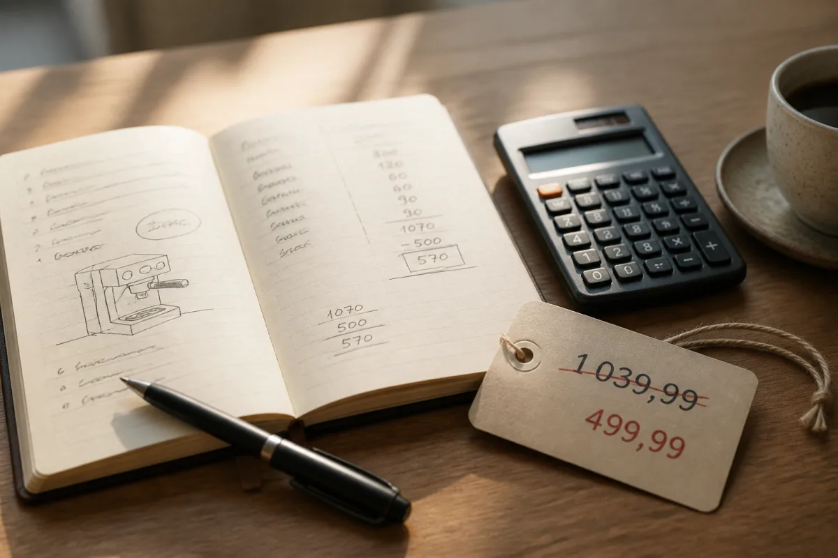 Carnet avec calcul du rabais à côté d’une étiquette montrant prix barré et prix promo