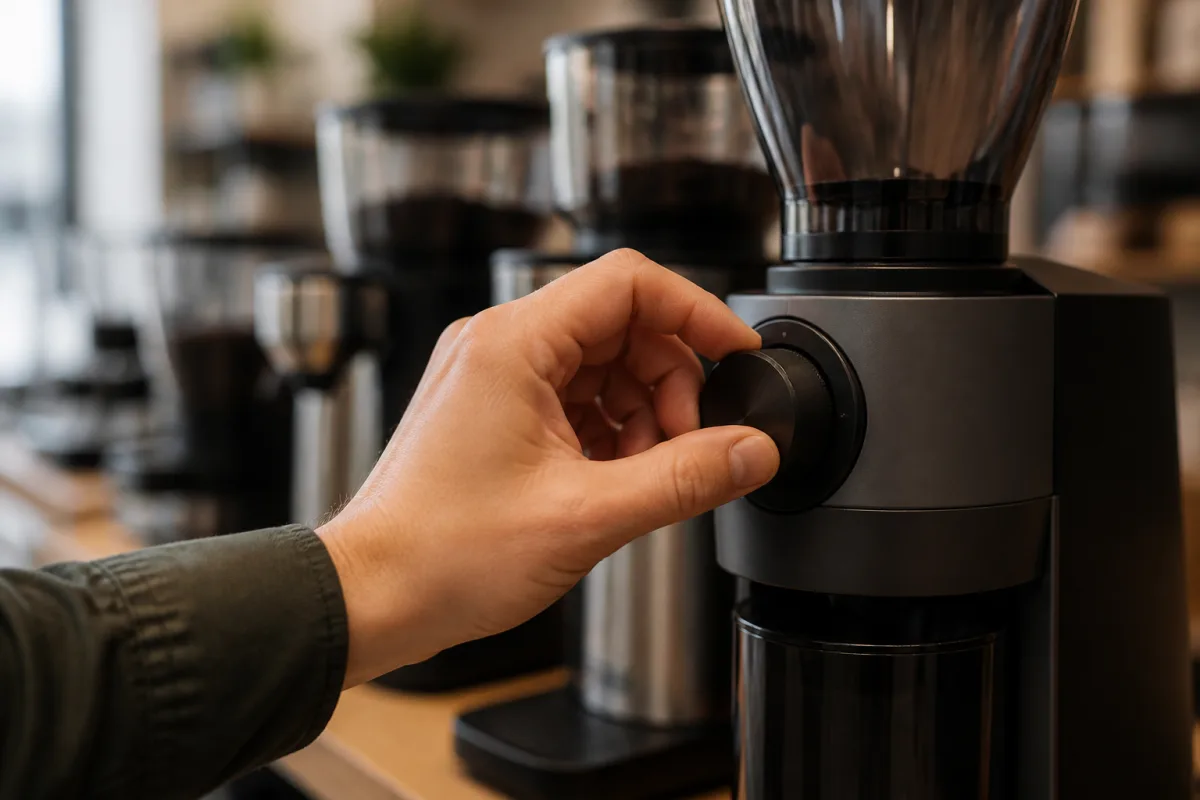 Main faisant tourner la molette micrométrique d’un moulin électrique pour tester la fluidité du réglage