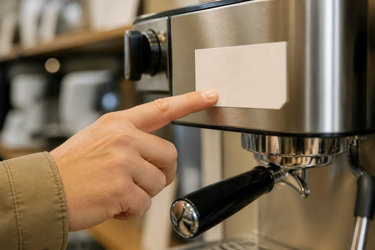 Main indiquant un prix barré sur une étiquette de machine à café