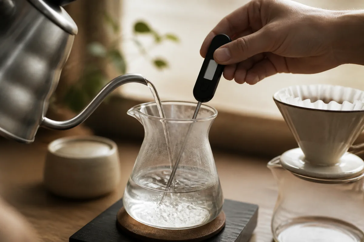 Thermomètre affichant 94 °C au‑dessus d’une carafe en verre