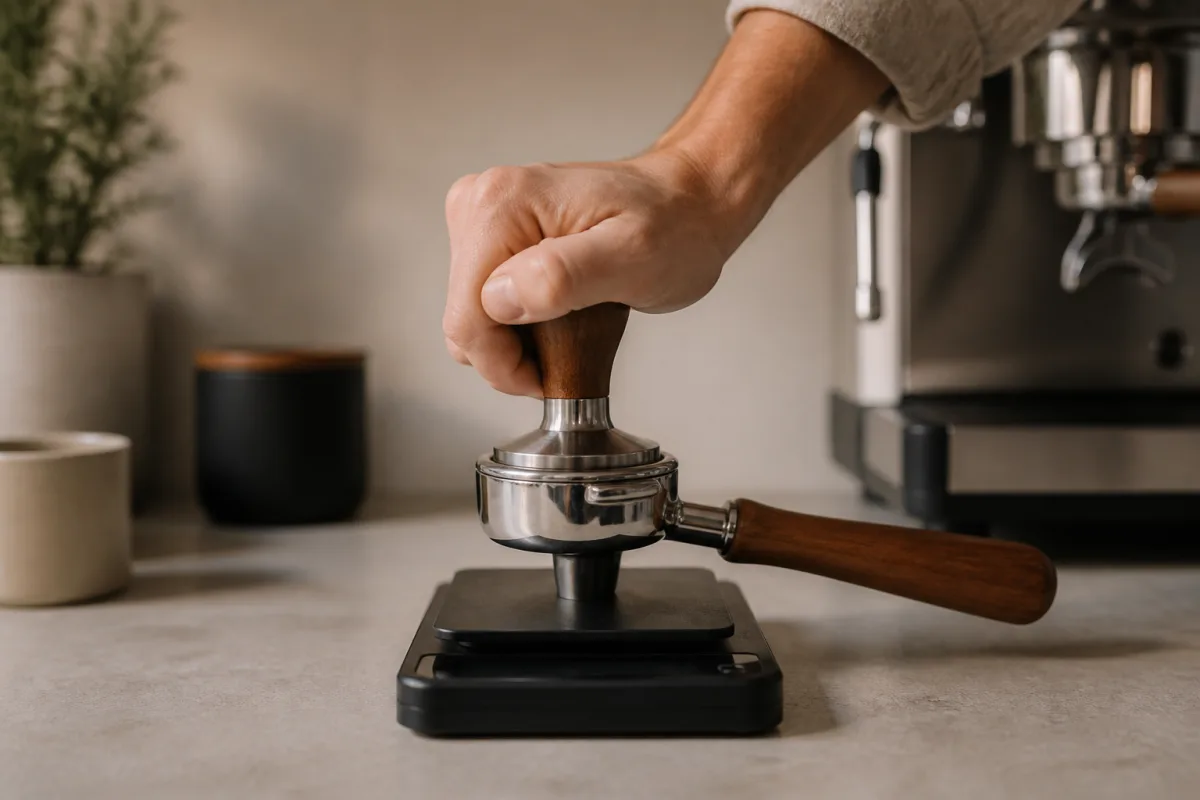 Tamper posé à plat sur un porte‑filtre au‑dessus d’une balance montrant la pression exercée