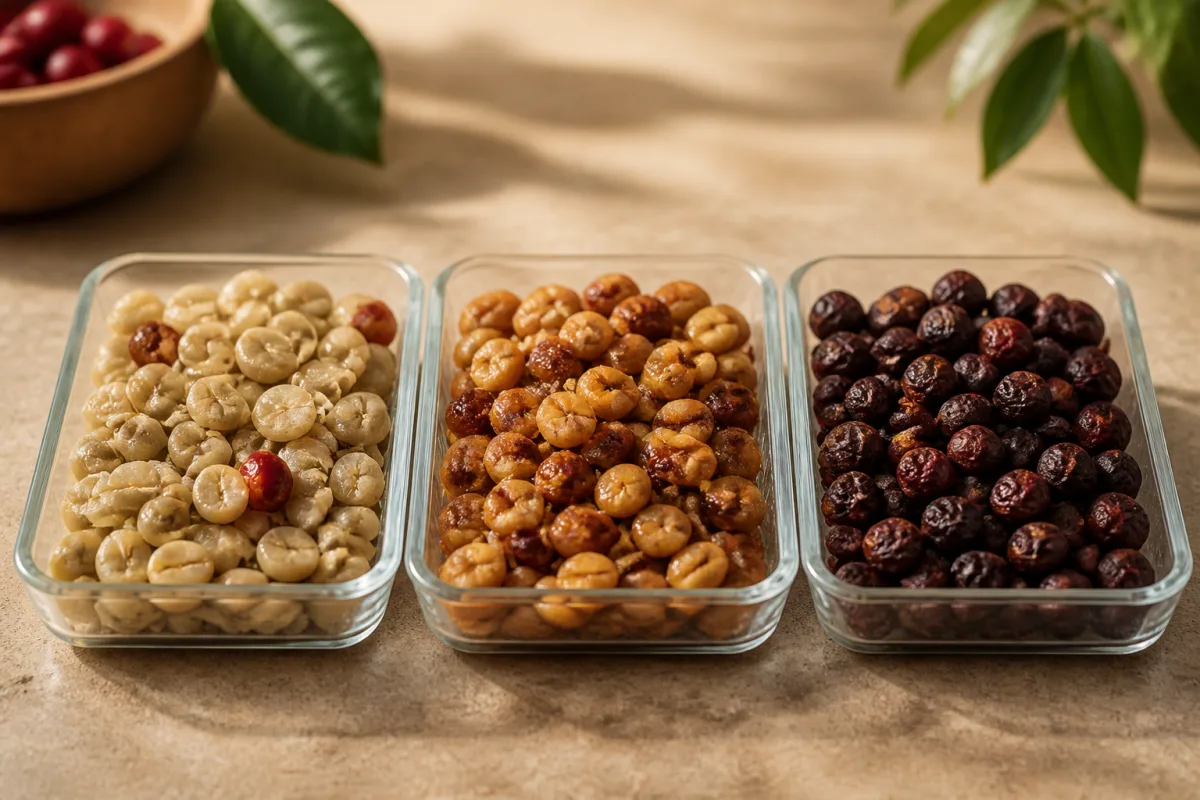 Trois plateaux montrant café lavé, honey et naturel pour comparer les traitements post-récolte