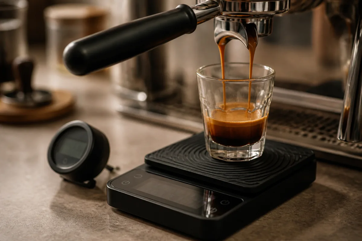 Balance numérique affichant grammes, minuteur en marche et récipient de réception d’un espresso