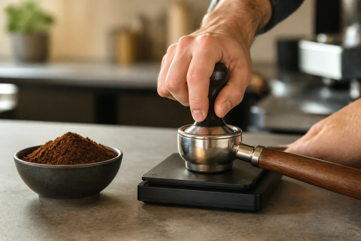 Main tassant le café dans un porte‑filtre posé sur une balance indiquant 18 g
