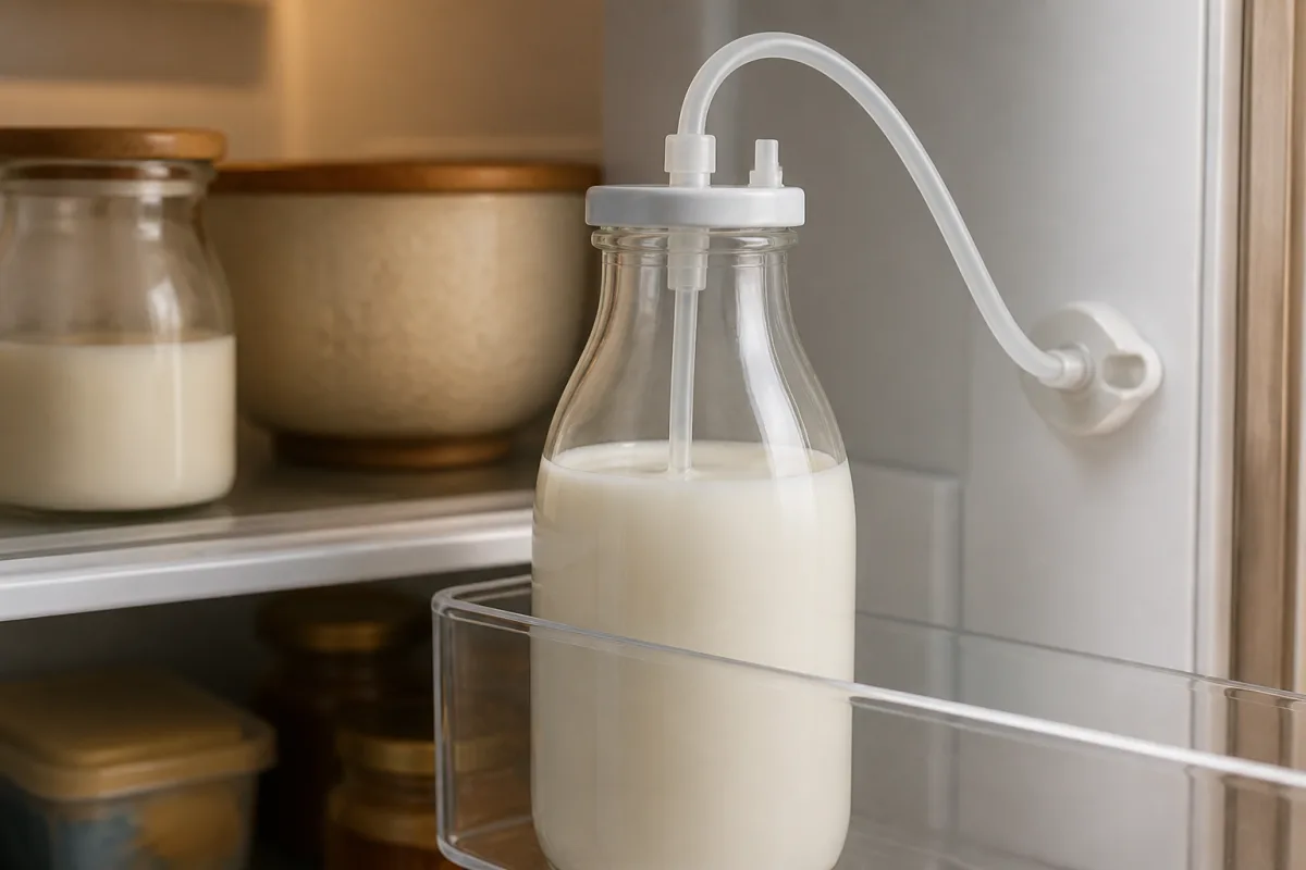 Tuyau d’aspiration plongé dans une bouteille de lait au bord du réfrigérateur