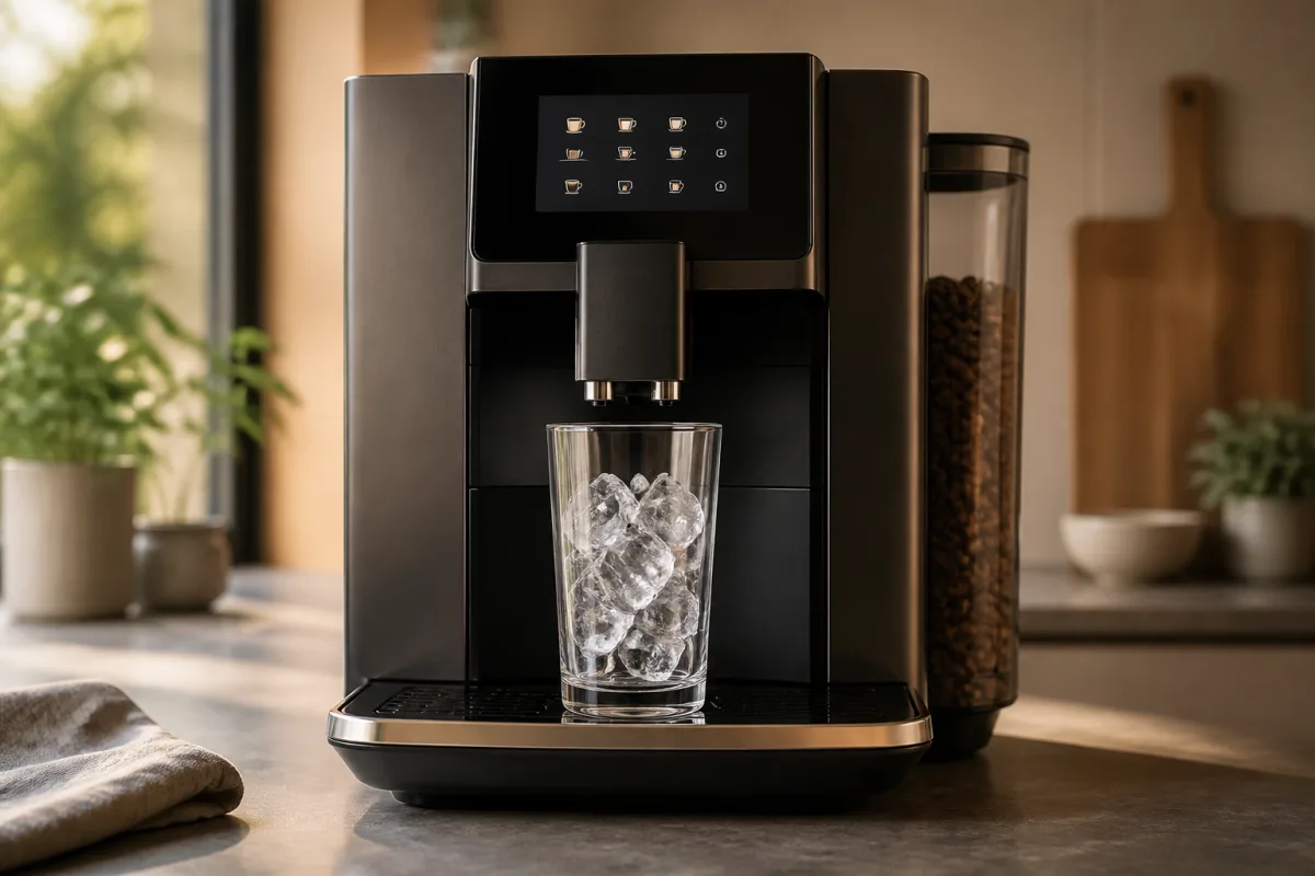 Machine à grain automatique en train de préparer une boisson froide au-dessus d’un verre à glaçons
