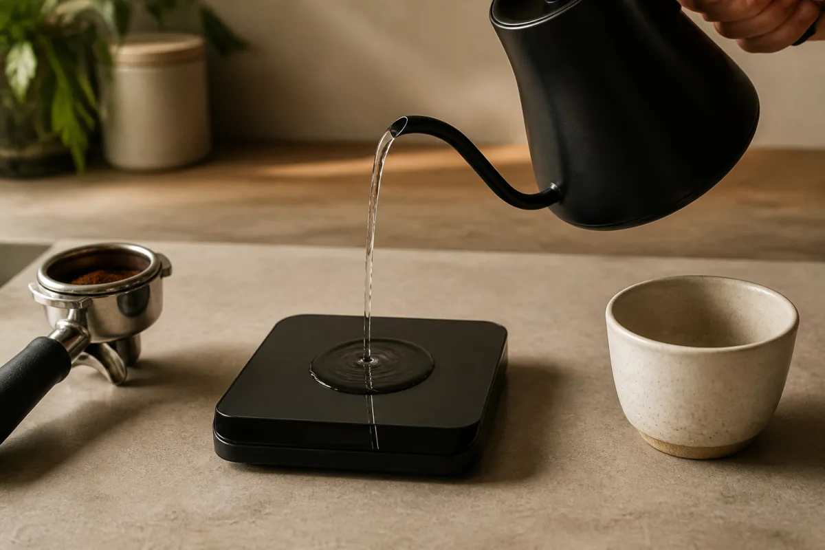 Versage d’eau sur balance pour tester la latence, affichage numérique en train de changer