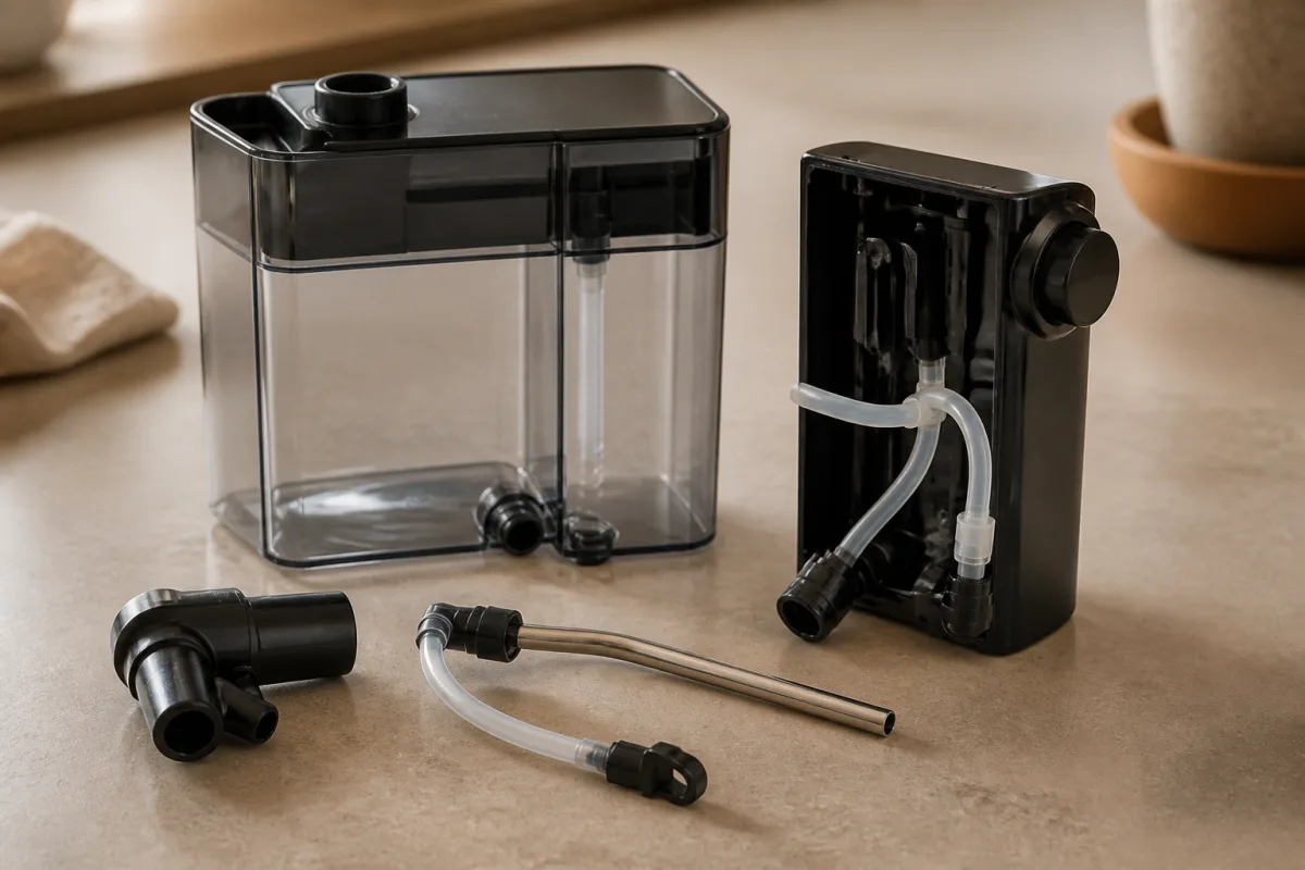 Carafe intégrée démontée avec réservoir, embout mousseur et conduits visibles