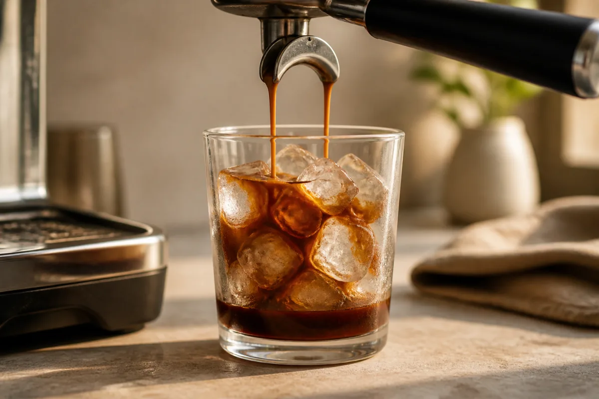 Espresso coulant d’une tête de groupe vers un verre rempli de glaçons