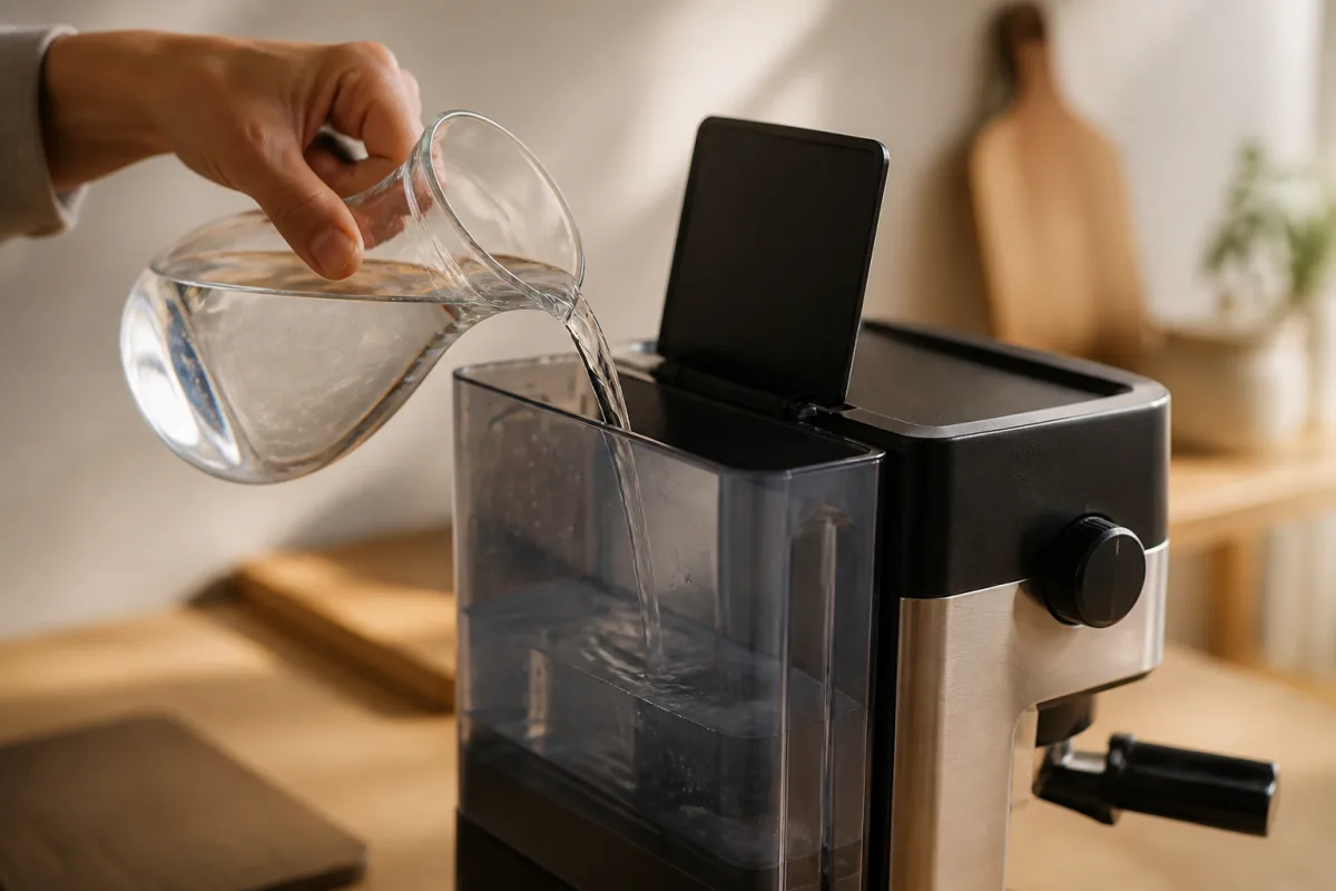 Main versant de l’eau d’une carafe graduée dans le réservoir d’une machine à café