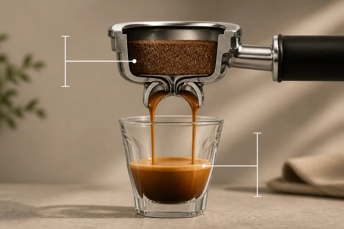 Diagramme montrant 18 g de mouture, 36 g en tasse et l’étiquette 1:2