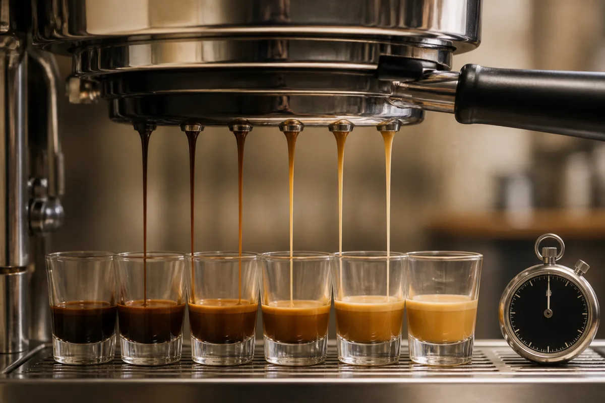 Illustration de l’évolution de la couleur de l’écoulement d’un espresso avec repères temporels