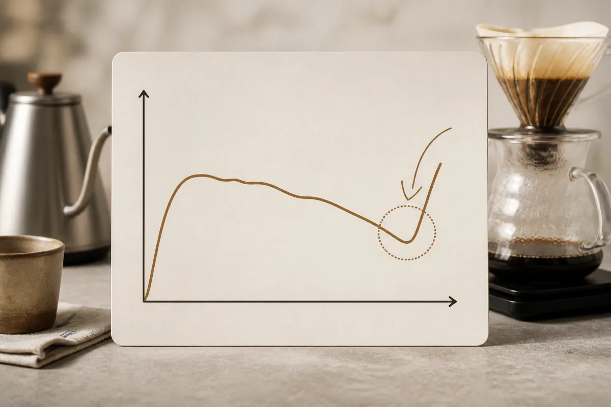 Graphique débit (g/s) en fonction du temps lors d’un versement V60, accélération en fin de courbe