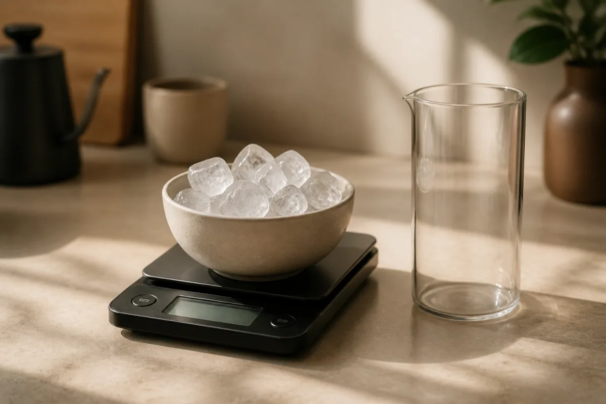 Balance affichant 75 g de glaçons à côté d’un verre