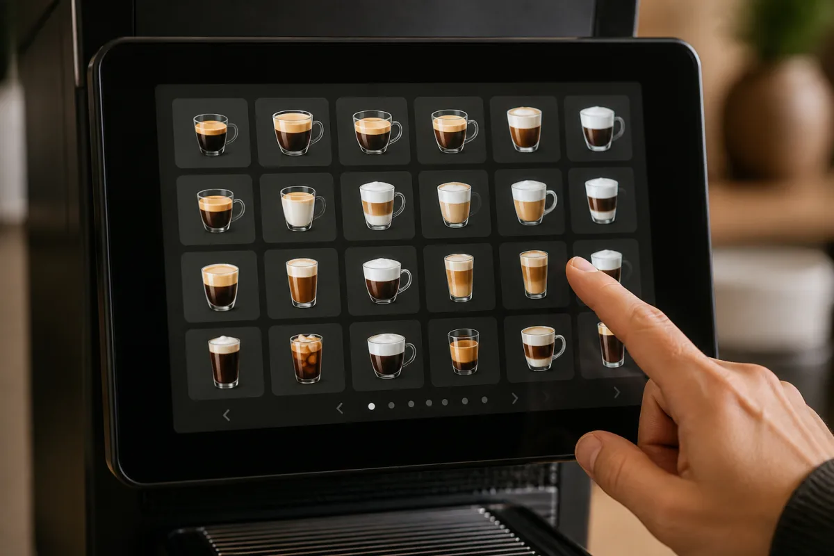 Gros plan écran machine montrant de nombreuses icônes de boissons, doigt sur le point d’appuyer