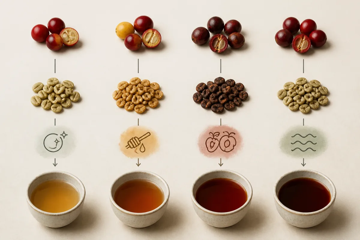 Schéma comparatif des traitements lavé, honey, naturel et anaérobie avec icônes pour clarté et corps