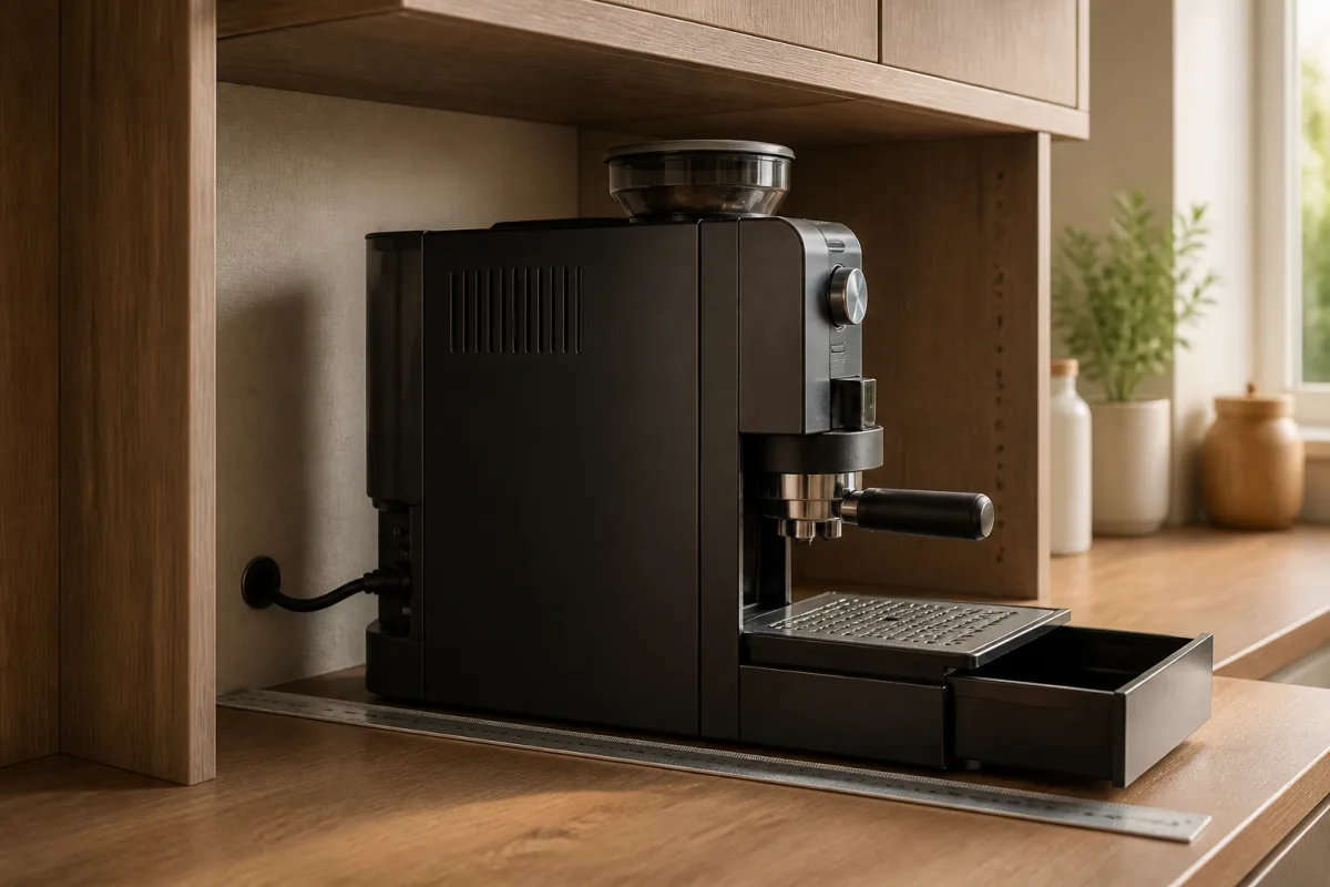 Profil d’une machine montrant dégagement arrière et bac à marc frontal sorti, règle pour mesure
