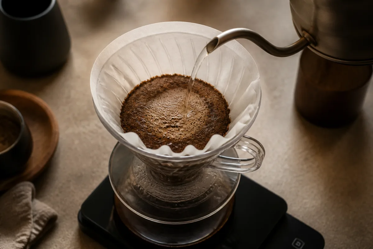 V60 en train de brouter, versement à l’échelle indiquant 2 à 3 fois le poids du café