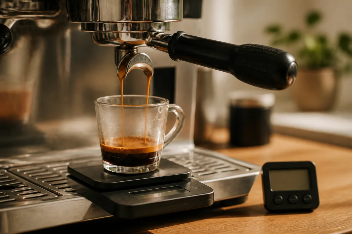 Verre gradué sur balance indiquant 36 g pendant un tirage d’espresso, chronomètre à côté