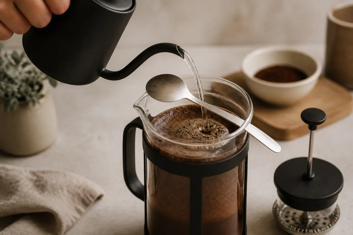 Main versant de l’eau dans une cafetière à piston et cuillère pour une agitation unique