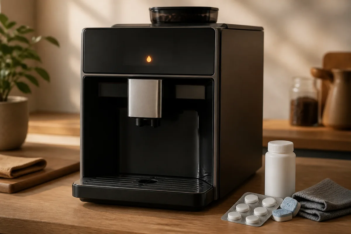 Machine à café automatique avec pastilles de nettoyage posées à côté et témoin de cycle allumé