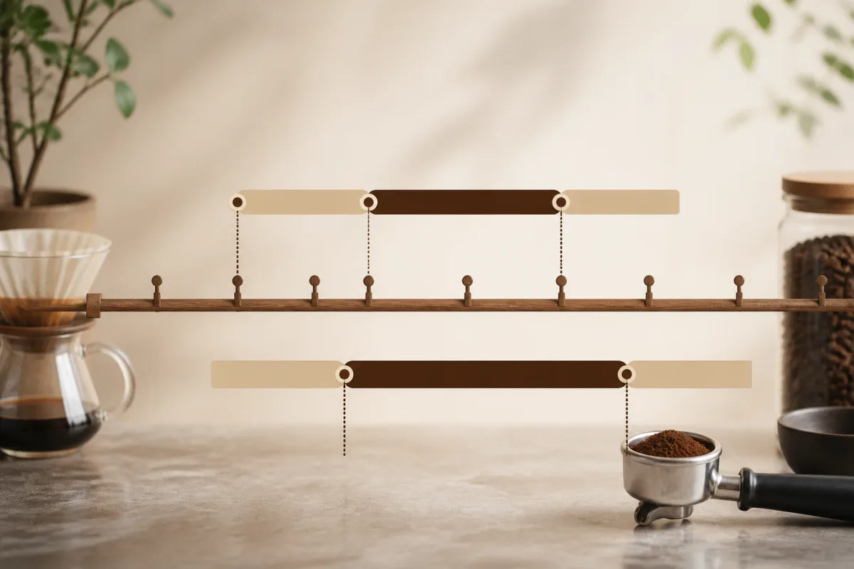 Diagramme timeline : zone filtre 5-7 jours et zone espresso 10-14 jours