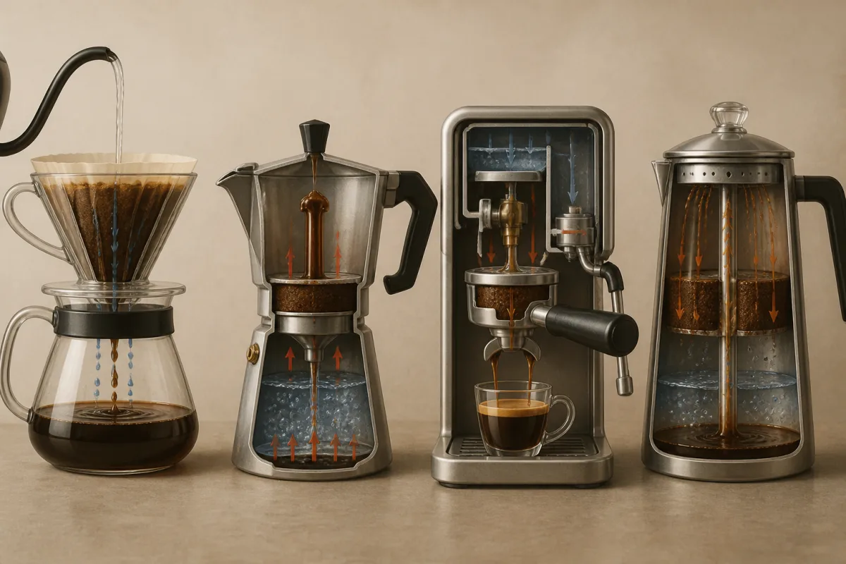 Schéma comparatif des principes d’extraction : filtre, moka, espresso, urne