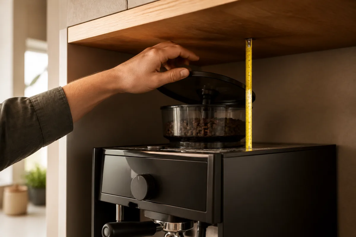 Main ouvrant la trémie d’une machine à grain sous meuble, ruban à mesurer vertical