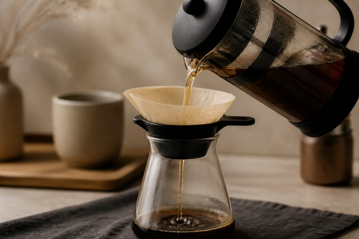Verser la partie claire d’une cafetière à piston dans un filtre papier placé sur un porte-filtre