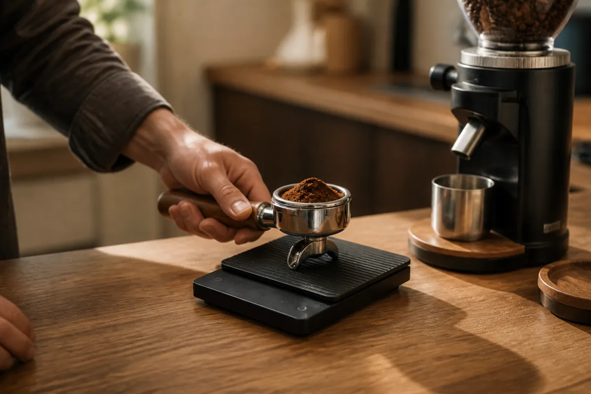 Main posant 15 g de café sur une balance numérique à côté d’un moulin