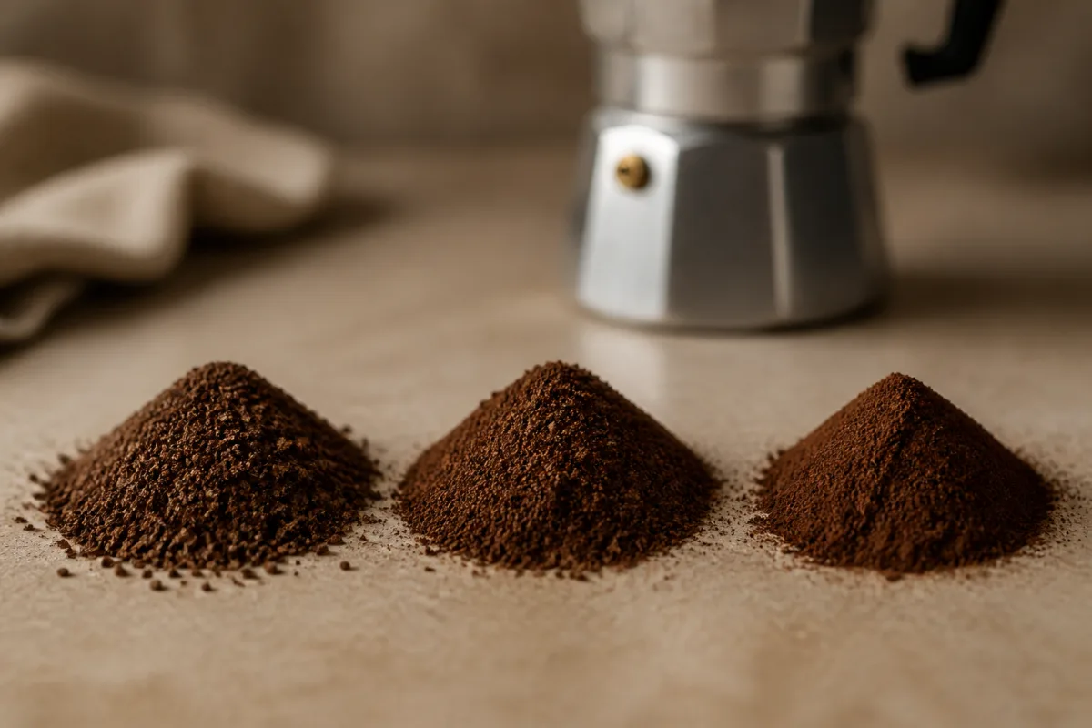 Comparatif de trois moutures de café : grossière, moka, fine avec cafetière moka en arrière-plan flou