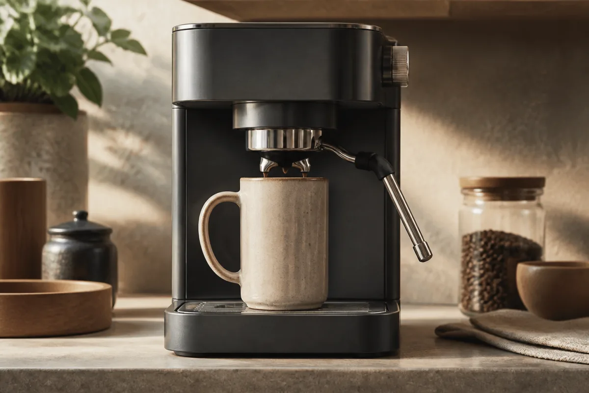 Mug haut placé sous les becs d’une machine compacte, buse à lait visible