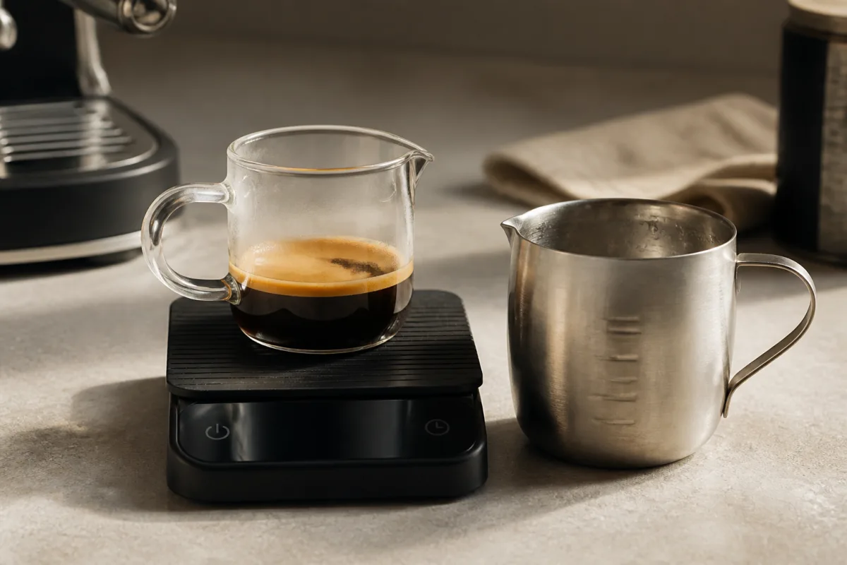 Balance avec un shot d’espresso à 36 g et un pichet gradué d’eau chaude à côté