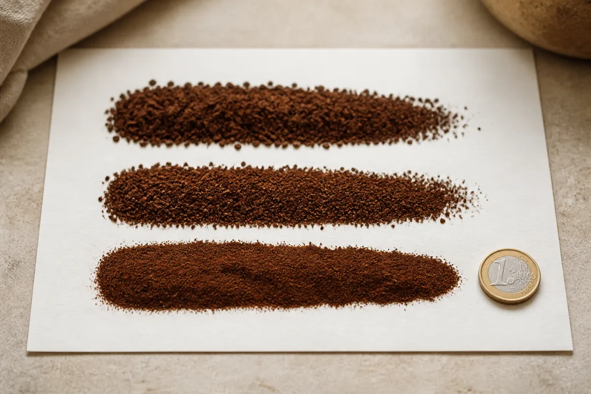 Moutures disposées en ligne sur feuille blanche avec pièce de 1 € pour comparaison d’échelle