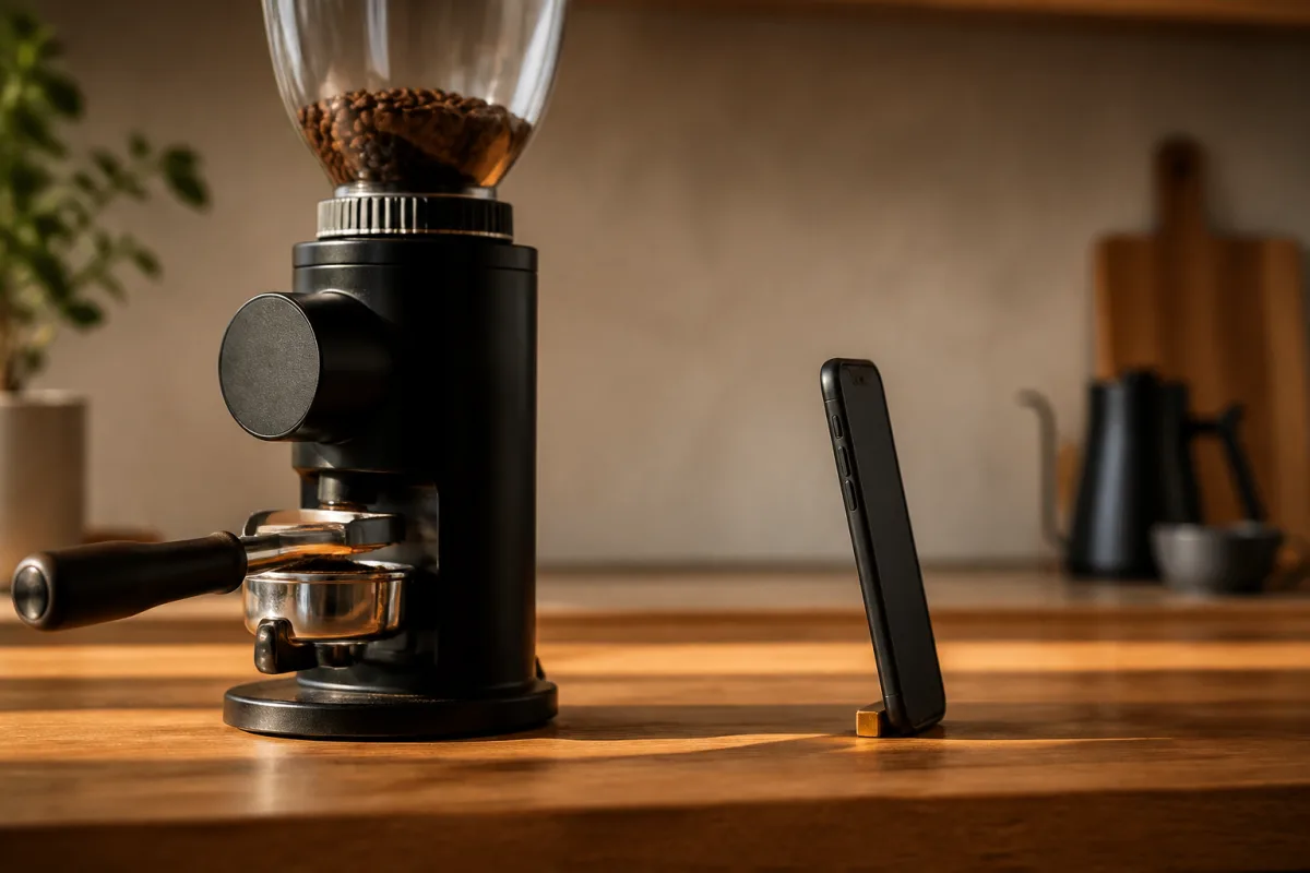 Smartphone posé à hauteur d’oreille à côté d’un moulin à café pour une mesure sonore