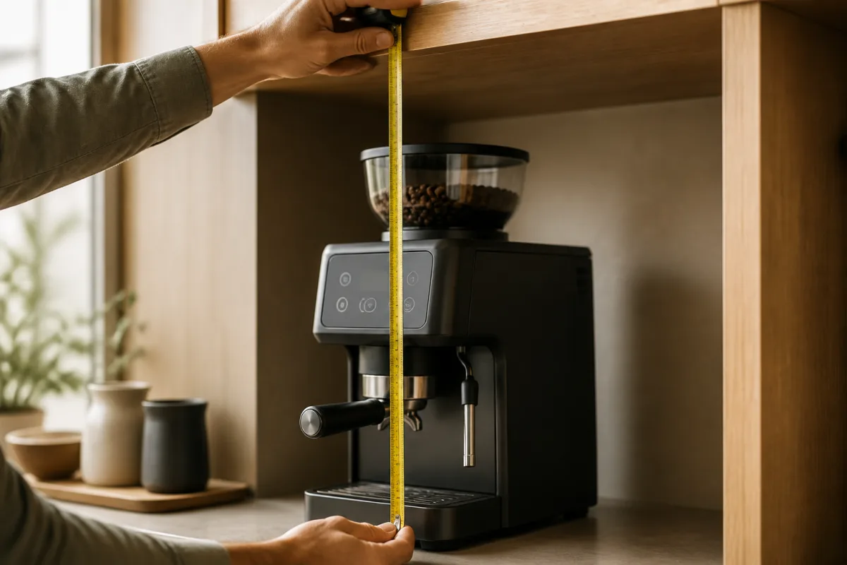 Ruban métrique mesurant la hauteur libre au-dessus d’un plan de travail avec machine à grain en arrière-plan